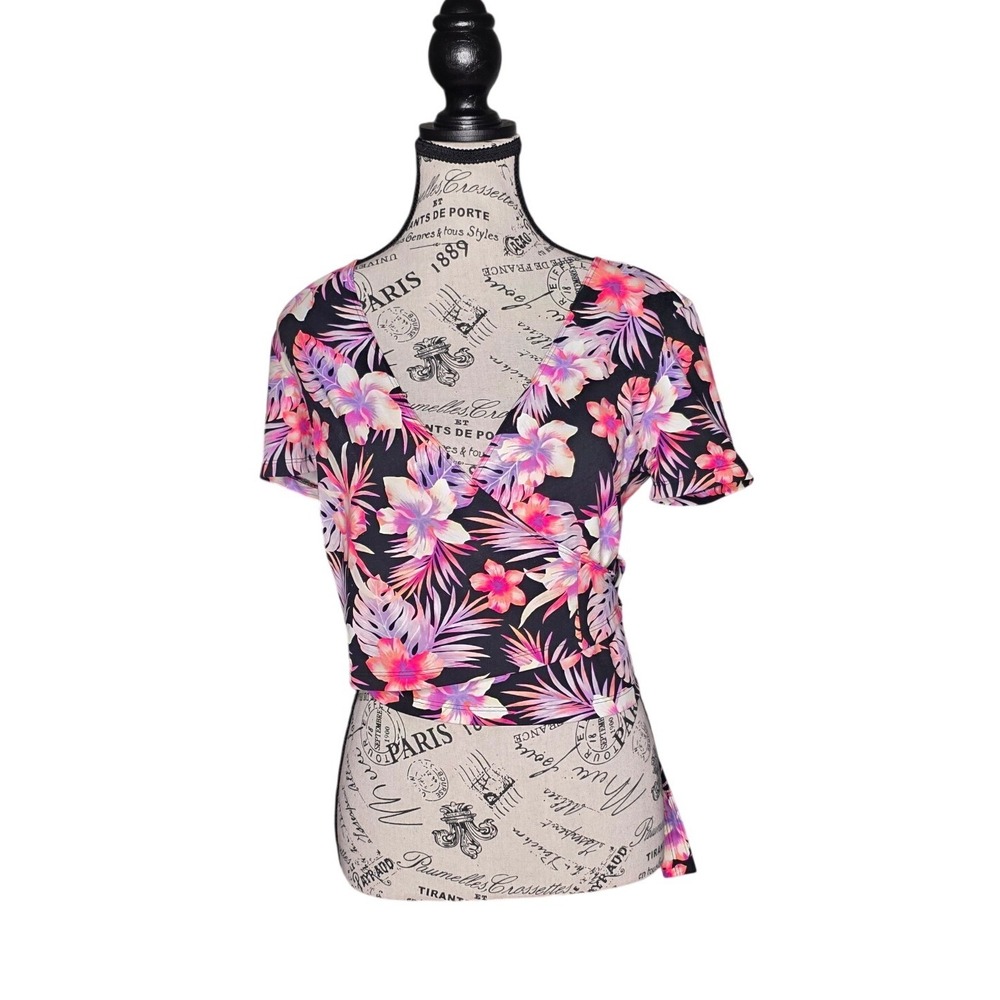 Pink Tropical Floral Ruched Tie Front Swim Cover-Up Top Size Small